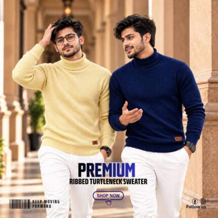 2 Pcs Combo Ribbed Turtleneck Sweater- Navy, Cream